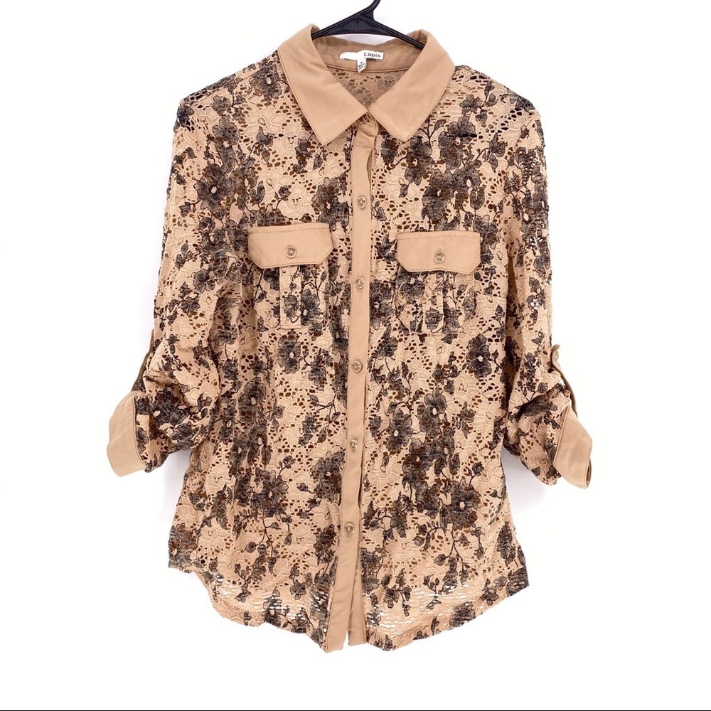 Lapis crocheted tan/brown collared floral top